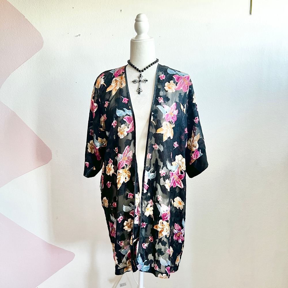Vintage‎ Black Floral Sheer Kimono Duster Festival Whimsigoth Boho Large